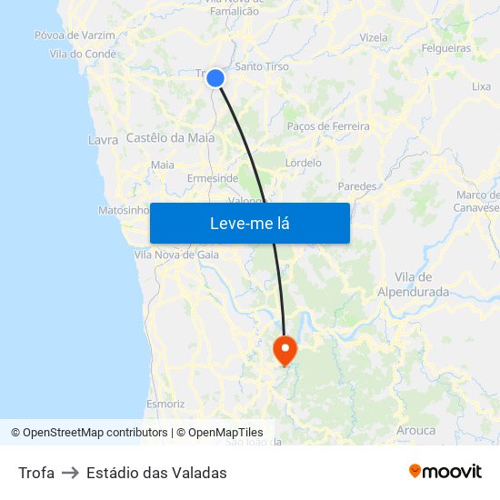 Trofa to Estádio das Valadas map