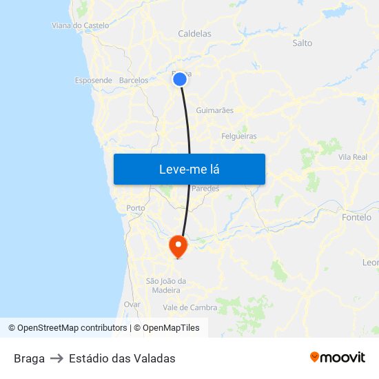 Braga to Estádio das Valadas map