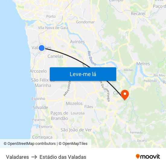 Valadares to Estádio das Valadas map