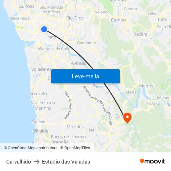 Carvalhido to Estádio das Valadas map