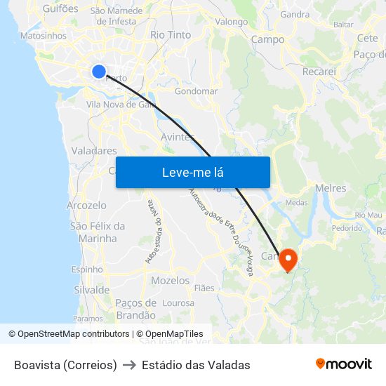 Boavista (Correios) to Estádio das Valadas map