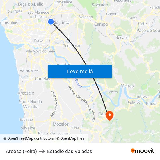 Areosa (Feira) to Estádio das Valadas map