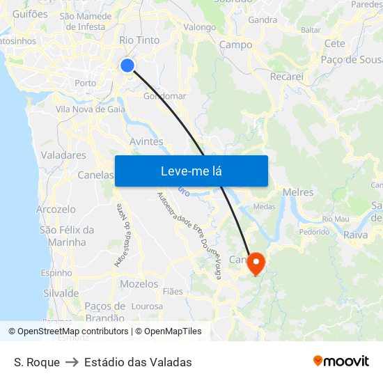 S. Roque to Estádio das Valadas map