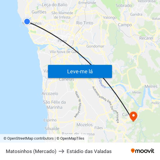 Matosinhos (Mercado) to Estádio das Valadas map