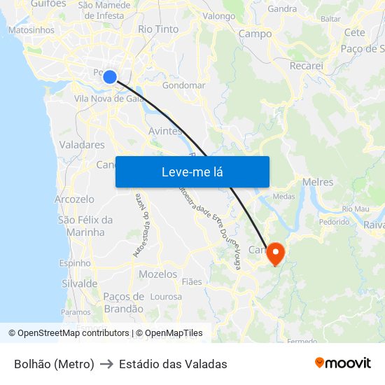 Bolhão (Metro) to Estádio das Valadas map