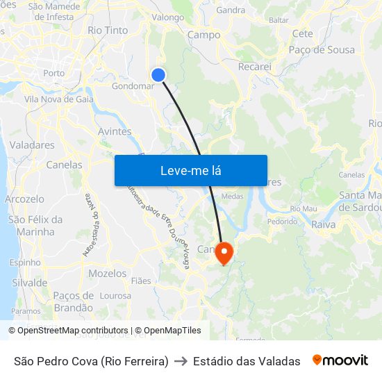 São Pedro Cova (Rio Ferreira) to Estádio das Valadas map