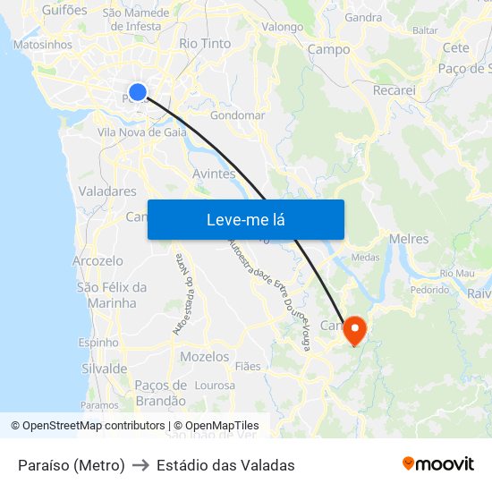 Paraíso (Metro) to Estádio das Valadas map