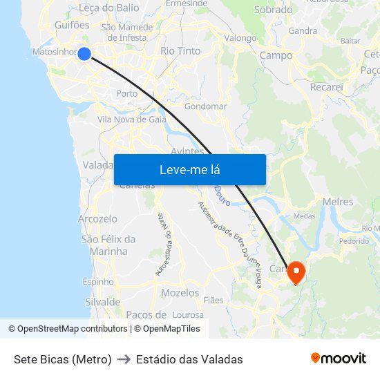 Sete Bicas (Metro) to Estádio das Valadas map