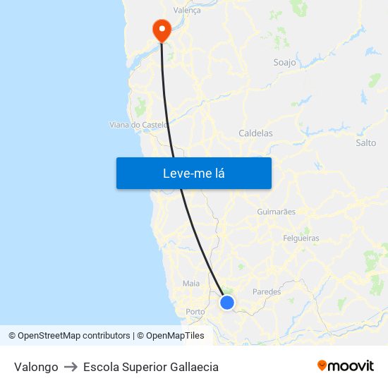 Valongo to Escola Superior Gallaecia map