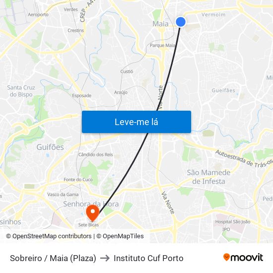 Sobreiro / Maia (Plaza) to Instituto Cuf Porto map