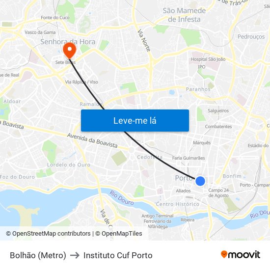 Bolhão (Metro) to Instituto Cuf Porto map