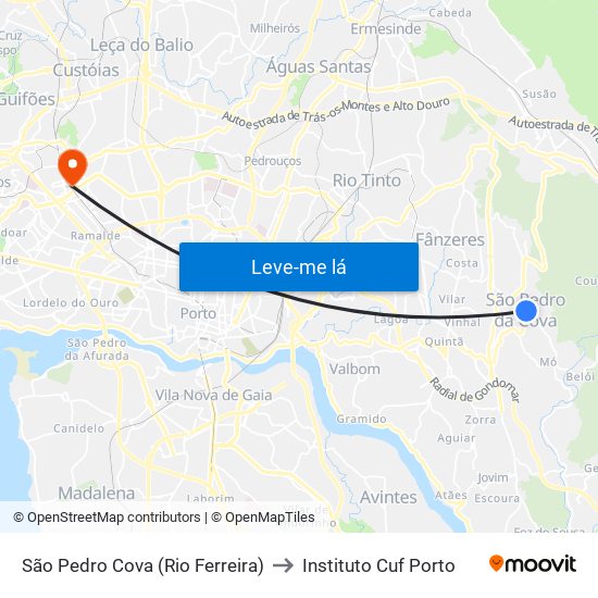 São Pedro Cova (Rio Ferreira) to Instituto Cuf Porto map