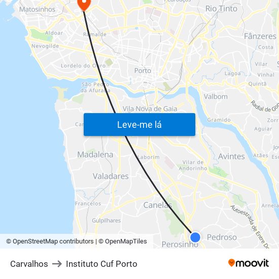 Carvalhos to Instituto Cuf Porto map