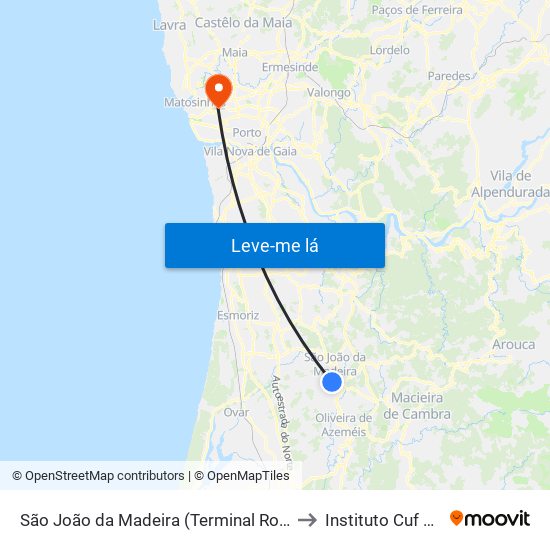 São João da Madeira (Terminal Rodoviário) to Instituto Cuf Porto map