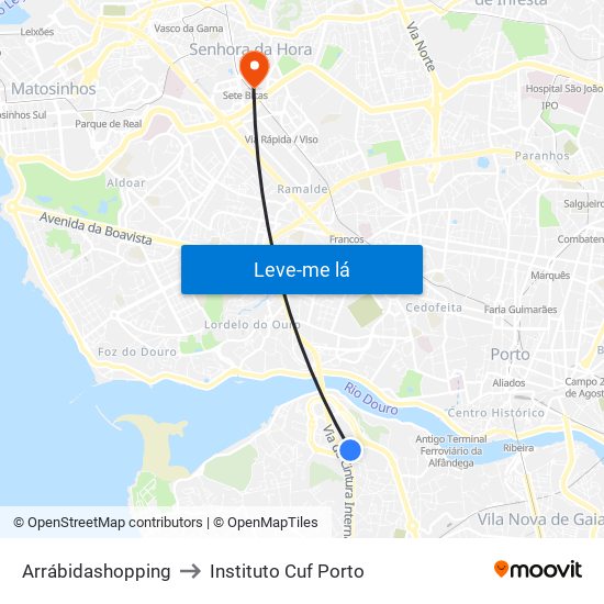 Arrábidashopping to Instituto Cuf Porto map