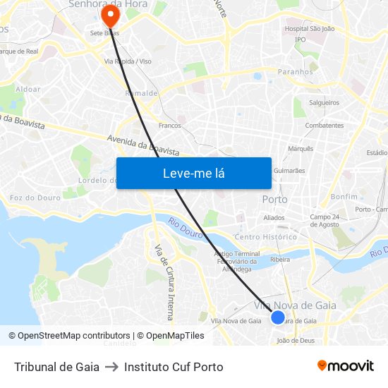 Tribunal de Gaia to Instituto Cuf Porto map