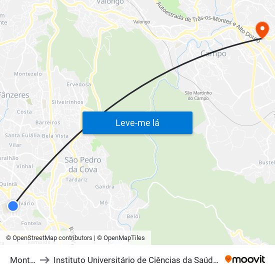Monte Crasto to Instituto Universitário de Ciências da Saúde; Escola Superior de Saúde do Vale do Sousa map