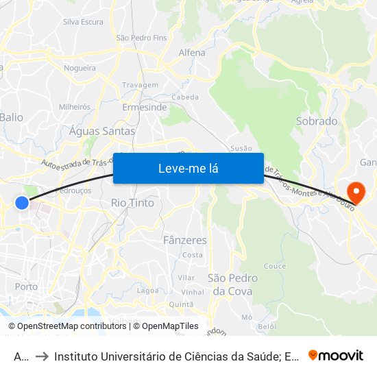 Amial to Instituto Universitário de Ciências da Saúde; Escola Superior de Saúde do Vale do Sousa map