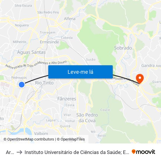 Areosa to Instituto Universitário de Ciências da Saúde; Escola Superior de Saúde do Vale do Sousa map