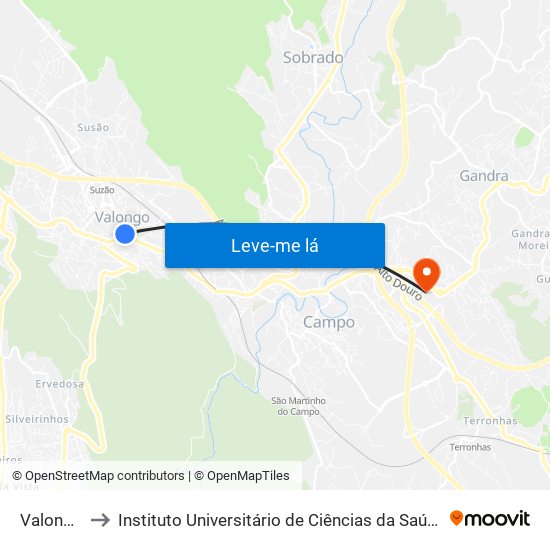 Valongo (Centro) to Instituto Universitário de Ciências da Saúde; Escola Superior de Saúde do Vale do Sousa map