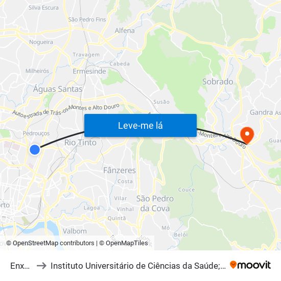 Enxurreiras to Instituto Universitário de Ciências da Saúde; Escola Superior de Saúde do Vale do Sousa map