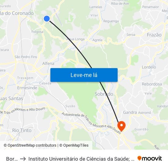 Borralhas to Instituto Universitário de Ciências da Saúde; Escola Superior de Saúde do Vale do Sousa map