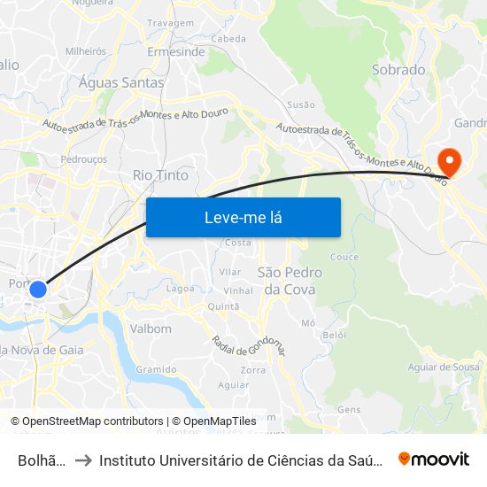 Bolhão (Metro) to Instituto Universitário de Ciências da Saúde; Escola Superior de Saúde do Vale do Sousa map