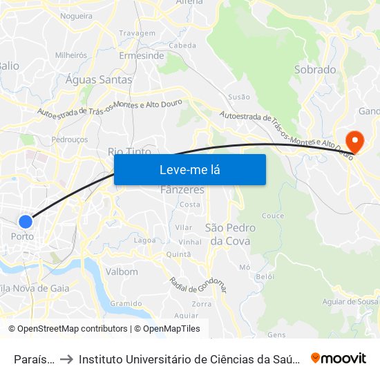 Paraíso (Metro) to Instituto Universitário de Ciências da Saúde; Escola Superior de Saúde do Vale do Sousa map
