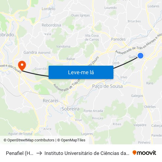 Penafiel (Hospital P.Américo) to Instituto Universitário de Ciências da Saúde; Escola Superior de Saúde do Vale do Sousa map