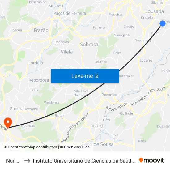 Vila Nova to Instituto Universitário de Ciências da Saúde; Escola Superior de Saúde do Vale do Sousa map