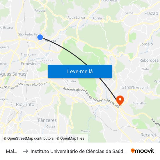 Malmarinhas to Instituto Universitário de Ciências da Saúde; Escola Superior de Saúde do Vale do Sousa map