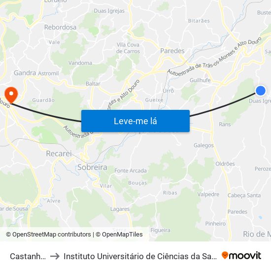 Castanheira de Cima to Instituto Universitário de Ciências da Saúde; Escola Superior de Saúde do Vale do Sousa map
