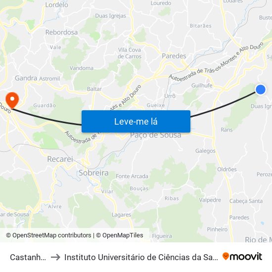 Castanheira de Baixo to Instituto Universitário de Ciências da Saúde; Escola Superior de Saúde do Vale do Sousa map
