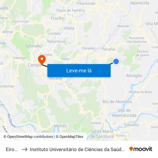 Eiros (Junta) to Instituto Universitário de Ciências da Saúde; Escola Superior de Saúde do Vale do Sousa map