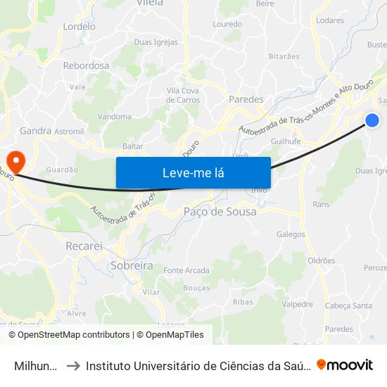 Milhundos (Igreja) to Instituto Universitário de Ciências da Saúde; Escola Superior de Saúde do Vale do Sousa map