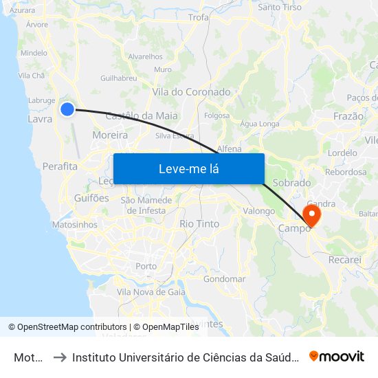 Mota Poente to Instituto Universitário de Ciências da Saúde; Escola Superior de Saúde do Vale do Sousa map