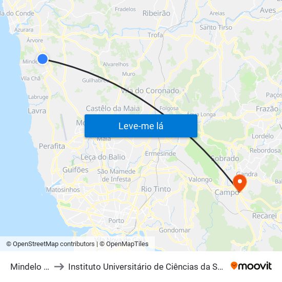 Mindelo (Cruzamento) to Instituto Universitário de Ciências da Saúde; Escola Superior de Saúde do Vale do Sousa map