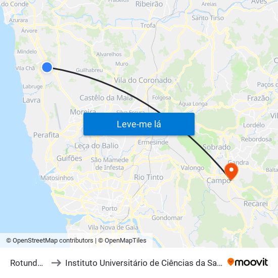 Rotunda da Lactogal to Instituto Universitário de Ciências da Saúde; Escola Superior de Saúde do Vale do Sousa map