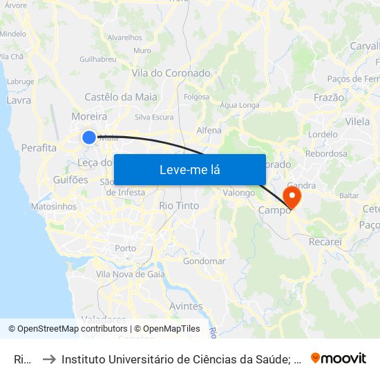 Rio Leça to Instituto Universitário de Ciências da Saúde; Escola Superior de Saúde do Vale do Sousa map