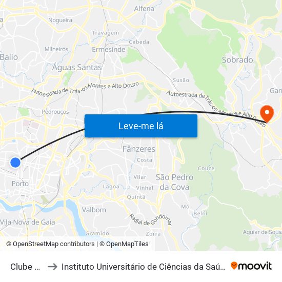 Clube Ténis Porto to Instituto Universitário de Ciências da Saúde; Escola Superior de Saúde do Vale do Sousa map