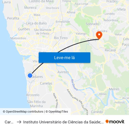 Carvalheiro to Instituto Universitário de Ciências da Saúde; Escola Superior de Saúde do Vale do Sousa map