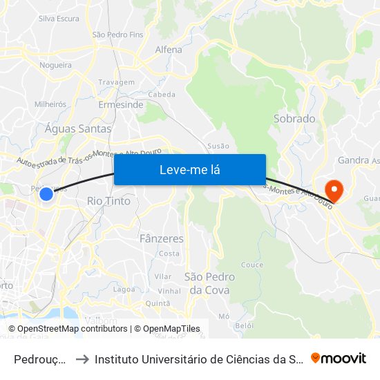 Pedrouços - Bombeiros to Instituto Universitário de Ciências da Saúde; Escola Superior de Saúde do Vale do Sousa map