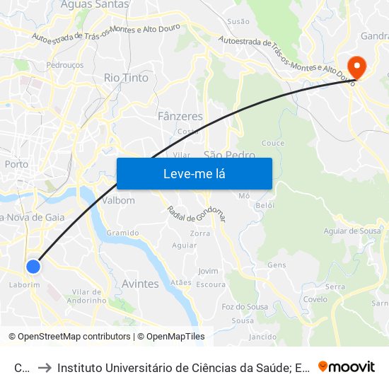 Cravel to Instituto Universitário de Ciências da Saúde; Escola Superior de Saúde do Vale do Sousa map