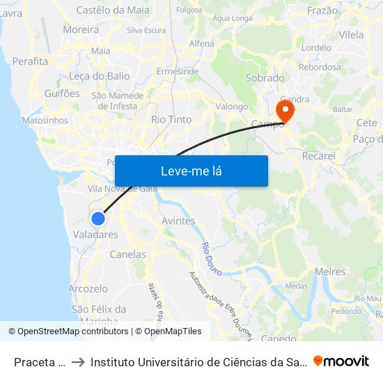 Praceta das Oliveiras to Instituto Universitário de Ciências da Saúde; Escola Superior de Saúde do Vale do Sousa map