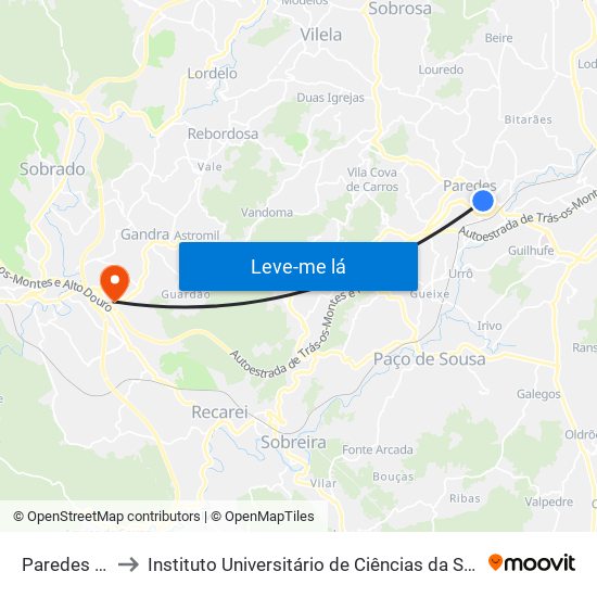 Paredes (Av.República) to Instituto Universitário de Ciências da Saúde; Escola Superior de Saúde do Vale do Sousa map