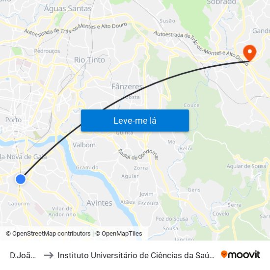 D.João II (Metro) to Instituto Universitário de Ciências da Saúde; Escola Superior de Saúde do Vale do Sousa map