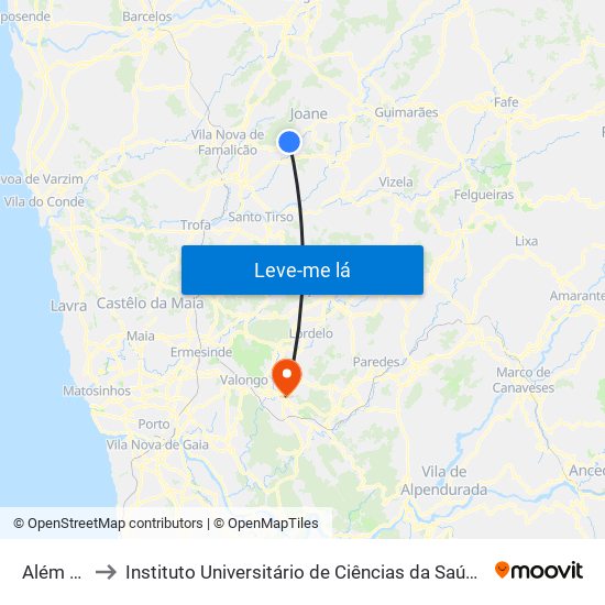 Além do Ribeiro to Instituto Universitário de Ciências da Saúde; Escola Superior de Saúde do Vale do Sousa map