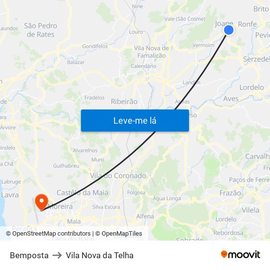 Bemposta to Vila Nova da Telha map