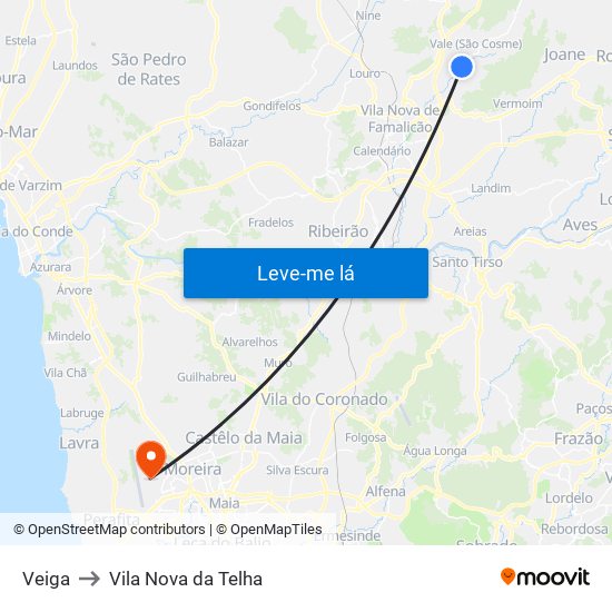 Veiga to Vila Nova da Telha map