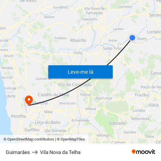 Guimarães to Vila Nova da Telha map